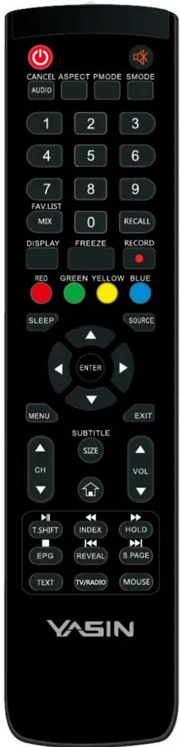 CANCEL ASPECT PMODE SMODE AUDIO 1 2 3 4 5 6 7 8 9 FAV.LIST MIX 0 RECALL DISPLAY FREEZE RECORD RED GREEN YELLOW BLUE SLEEP SOURCE ENTER MENU EXIT SUBTITLE SIZE CH VOL T.SHIFT INDEX HOLD EPG REVEAL S PAGE TEXT TV/RADIO MOUSE VASIN