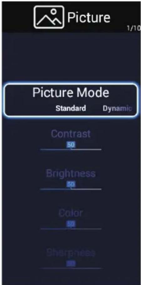 Picture 1/10 Picture Mode Standard Dynamic Contrast 50 Brightness 50 Color 50 Sharpness 50