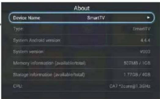 About Device Name SmartTV Type SmartTV System Android version 4.4.4 System version V003 Memory information (available/total) 507MB / 1GB Storage information (available/total) 1.77GB / 4GB CPU CA7 *2core@1.36Hz