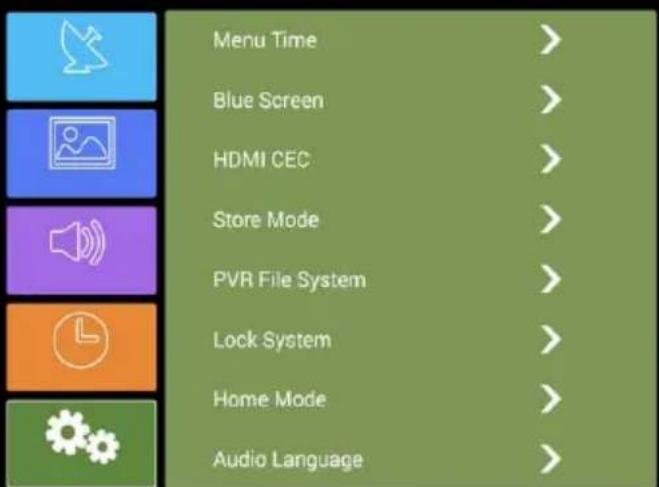 Menu Time > Blue Screen > HDMI CEC > Store Mode > PVR File System > Lock System > Home Mode > Audio Language >