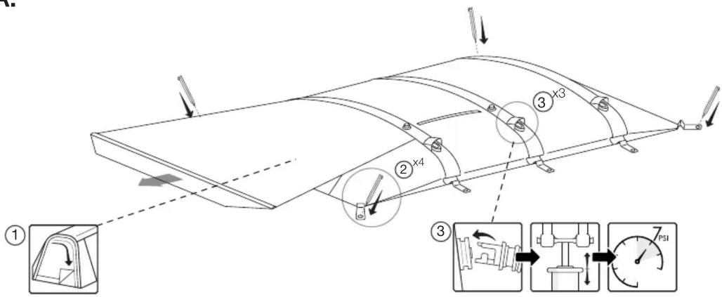 Technical diagram of a mechanical assembly with labeled components and directional arrows, including zoomed-in details and control mechanism.
