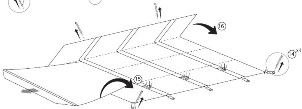 Technical diagram of a structural panel assembly with numbered components and directional arrows indicating motion or assembly.