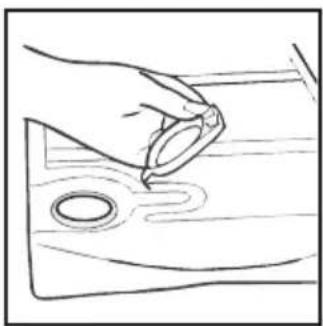 Line drawing of a hand holding a ring attached to a wooden surface with a circular hole (no text or symbols)