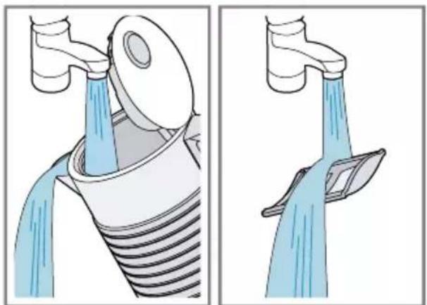 Illustration of a faucet with water flowing through a pipe, showing two different stages of drainage or cleaning (no text or symbols present)