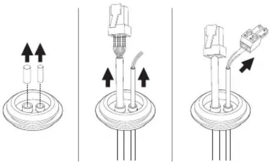 Diagram showing three stages of an electronic component with upward arrows indicating movement or assembly.
