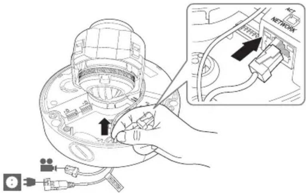 Diagram showing installation of a device with labeled components and connection arrows, including a close-up of the network switch.