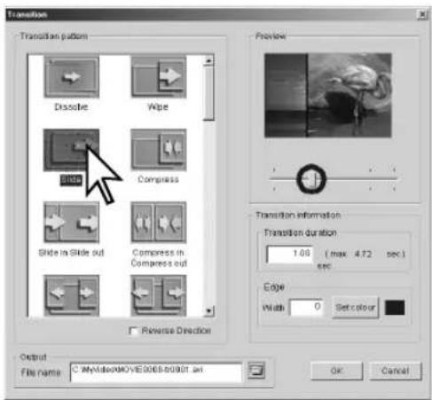 Transition Transition pattern Dissolve Wipe Slide Compress Slide in Slide out Compress in Compress out Reverse Direction Preview Transition information Transition duration 1.00 ( max: 472 sec ) sec Edge Width 0 Set colour Output File name: MyStatusMOVIE006B-00901.avi OK Cancel
