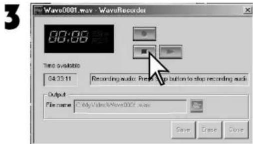 Wave0001.wav - WaveRecorder 08:08 Time available 04:33:11 Recording audio: Press to stop button to stop recording audio Output File name: C:\MyVideo\Wave0001.wav Save Create Close