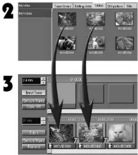 2 Tape library Edit data Video Still picture Title MY VISION MY VISION MY VISION MYVISION MYVISION MYVISION 2.4 min 01:00:00 Input Tape SWITCH Wages Show off 07 sec 03:00:25:05 00:00 Edit Switch Wages Record a MOVIE001 MOVIE002 MOVIE006