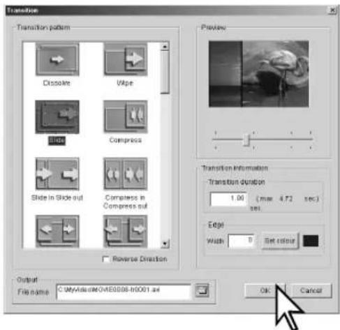 Transition Transition pattern Dis Kyoto Wrap Slide Compress Slide in Slide out Compress in Compress out Reverse Direction Preview Transition Information Transition duration 1.00 (max 4.72 sec) sec Edge Width 0 Set color Output File name: CMYAlda@CMYAlda008-00001.se OK Cancel