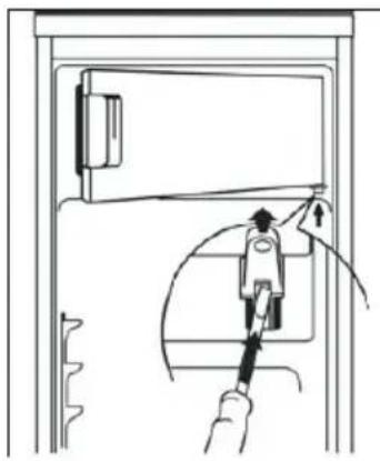 Line drawing of a hand inserting a plug into a door panel, showing mechanical assembly (no text or symbols)