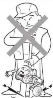 Safety warning illustration showing a worker with crossed-out hand and equipment, indicating no need for intervention or damage.