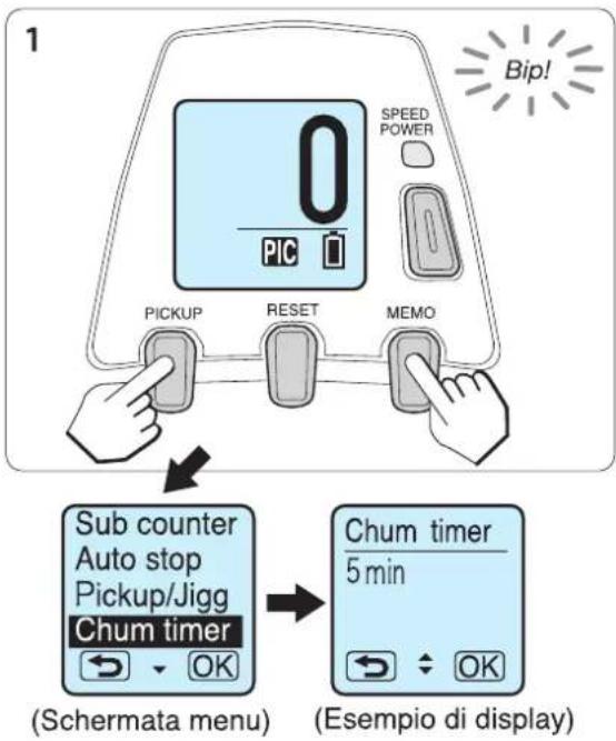 1 SPEED POWER PIC PICKUP RESET MEMO Bip! Sub counter Auto stop Pickup/Jigg Chum timer (Schermata menu) Chum timer 5 min (Esempio di display)