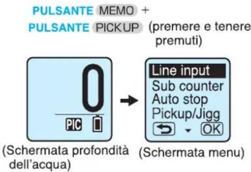 PULSANTE MEMO + PULSANTE PICKUP (premere e tenere premuti) 0 PIC (Schermata profondità dell'acqua) Line input Sub counter Auto stop Pickup/Jigg (Schermata menu)