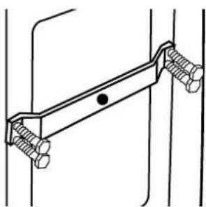 Technical line drawing of a mechanical bracket with bolts and a central dot (no text or symbols)