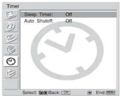 Timer Sleep Timer: Off Auto Shutoff: Off Select: Set Back: OK End: MENU