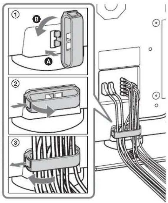Diagram illustrating cable installation steps with labeled components and directional arrows.