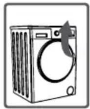 Line drawing of a washing machine with a circular gasket and side panel.