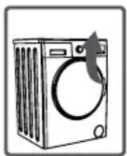 Line drawing of a washing machine with a circular gasket and side blades (no text or symbols)