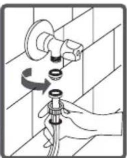 Illustration of a hand using a tool to lift a showerhead into a tiled wall, with no text or symbols present.