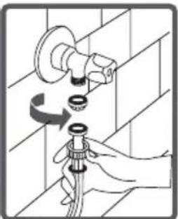 Illustration of a hand using a tool to lift a faucet, showing mechanical components and a circular motion arrow (no text or symbols)