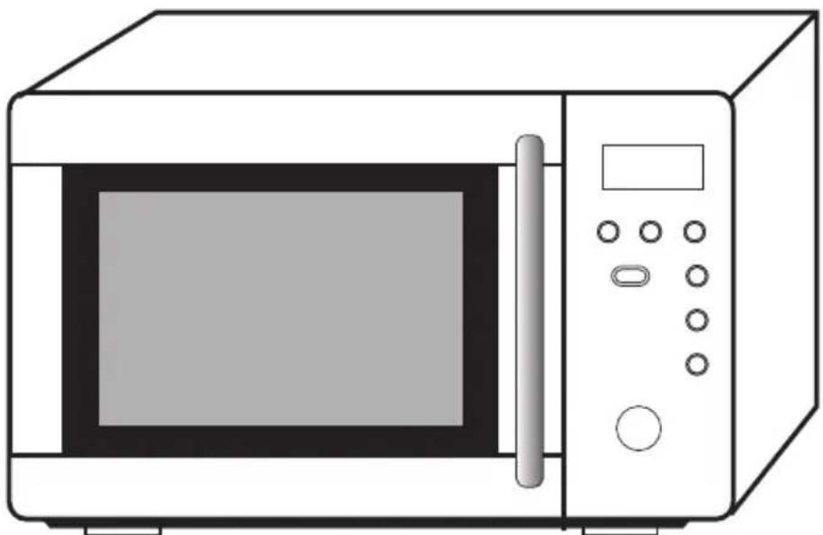 Line drawing of a microwave oven with control panel and door (no text or symbols)