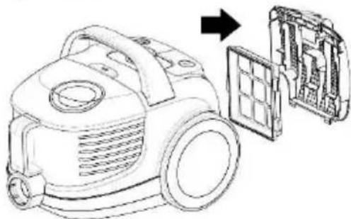 Line drawing of a vacuum cleaner with internal components, showing part assembly and mounting detail (no text or symbols)