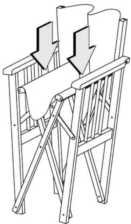 Line drawing of a folding chair with two panels, showing structural supports and downward arrows indicating movement (no text or symbols)