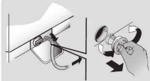 Diagram showing a hand holding a car tire with a valve, alongside a close-up of the valve mechanism (no text or symbols present).