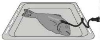 Illustration of a fish being placed on a tray with an attached cable (no text or symbols)