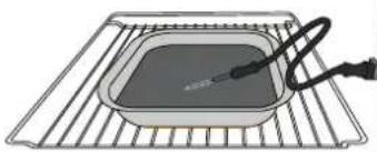 Illustration of a microwave oven with a coiled cable and lid, placed on a metal rack (no text or symbols)