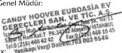 CANDY HOOVER EUROASIA EV GERECLERİ SAN. VE TİC. A.Ş. İçemlişiy Mah. Kal. Yolu. Cad. Cavi Tolu Sk. No:11 Sayarı Haıı Kat:7 PK:34752 Atasehni /İSTANBUL Tel:0 (216) 466 42 42 Faks:0 (216) 466 15 45 Yenikapı Vergi Dairesi:703 003 9546 X: