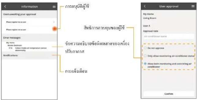 ข้อมูล ผู้ใช้รอการอนุมัติของคุณ กรุณาเปลี่ยนผู้ใช้ของฉัน กรุณาเปลี่ยนผู้ใช้ของฉัน ข้อความแสดงข้อผิดพลาด บ้านของฉัน เพื่อนที่ไม่ได้รับ 914 เครื่องปรับอากาศภายในอาคารผิดปกติ การแจ้งเตือน การลบผู้ใช้ สิทธิ์การควบคุมของผู้ใช้ ข้อความอธิบายข้อผิดพลาดของเครื่องปรับอากาศ การแจ้งเตือน การอนุมัติผู้ใช้ บ้านข…