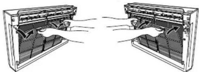 Illustration of two identical air conditioner unit doors with hands inserting or adjusting the interior panel (no text or symbols visible).