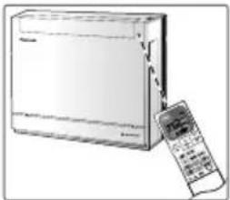 Illustration of a portable air conditioner unit with a remote control panel attached (no text or symbols visible).