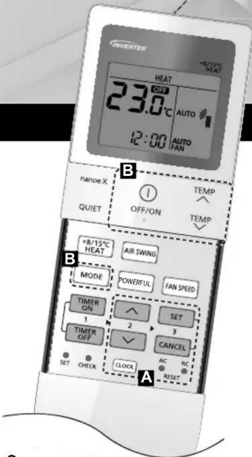 INVERTER +8/15°C HEAT 23.0°C AUTO 12:00 AUTO FAN B nanoe X QUIET OFF/ON TEMP TEMP +8/15°C HEAT AIR SWING MODE POWERFUL FAN SPEED TIMER ON 1 2 SET TIMER OFF CANCE AC NC SET CHECK CLOCK RESET A