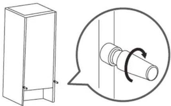 Technical line drawing of a cabinet and a mechanical component with rotational motion indicator (no text or symbols)