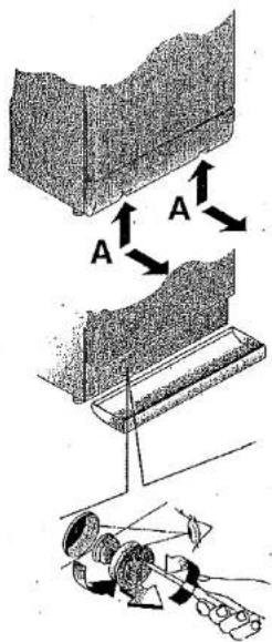 Technical diagram illustrating mechanical assembly with labeled components A and directional arrows indicating motion or force
