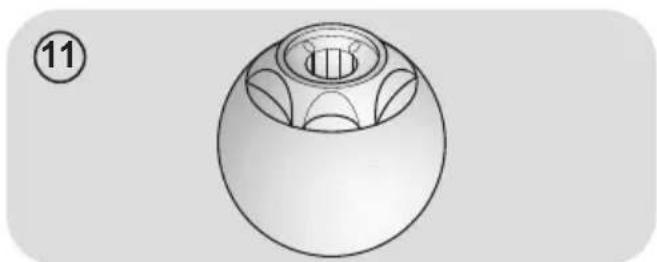 Technical line drawing of a mechanical component with a spherical body and internal cavity (no text or symbols).