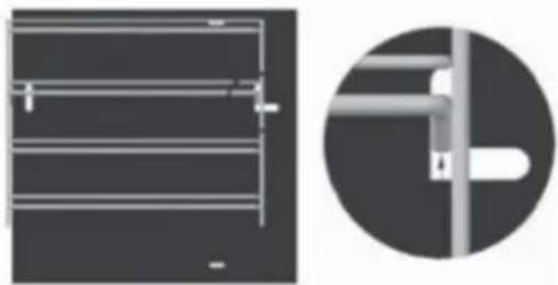 Technical illustration of a metal rack and vertical rail assembly, shown in two views (left: 2D view; right: circular view with internal structure)