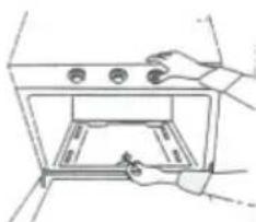 Line drawing of a hand opening a microwave oven with control knobs (no text or symbols)