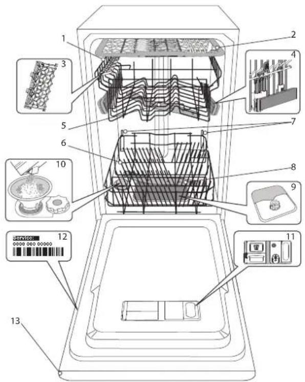 Technical diagram of a refrigerator interior with numbered components and labeled parts, including handbags, screens, and a barcode.