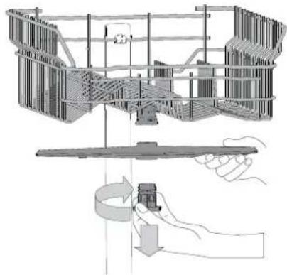 Technical diagram of a mechanical assembly with a hand holding a component, showing internal components and motion arrows (no text or labels).