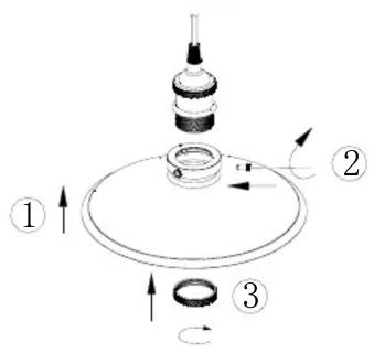 Diagram of a mechanical assembly with numbered components and directional arrows indicating motion or force