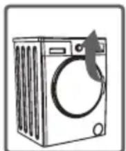 Line drawing of a washing machine with a circular button and ventilation grille (no text or symbols).