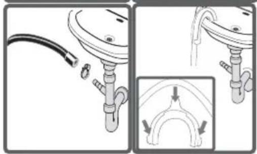 Diagram showing a mechanical component with a curved pipe and a cable, alongside a magnified inset illustrating the structural change (no text or symbols present).