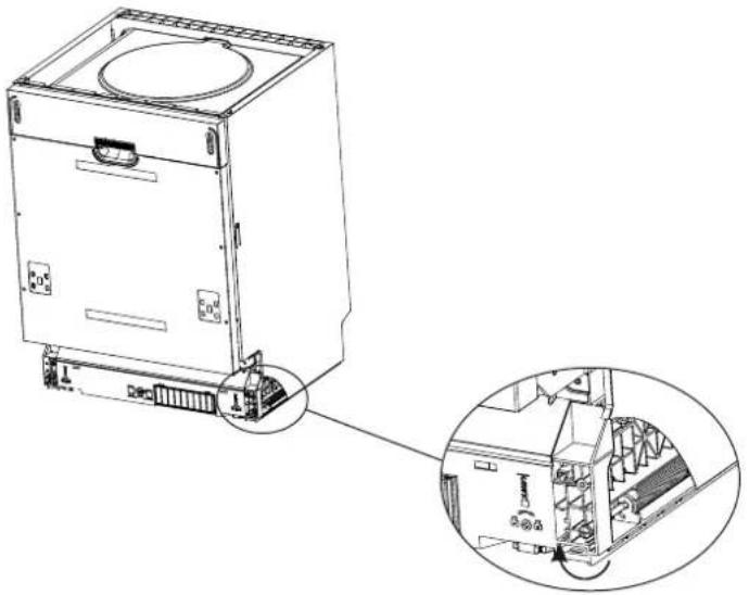 Technical line drawing of a front-loading washing machine with an inset close-up showing internal components (no text or labels)