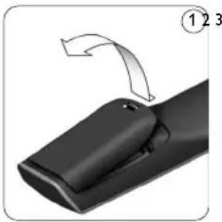 Close-up of a black remote control handle with a curved arrow indicating motion (no text or symbols)