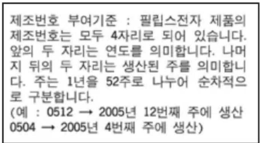 제조번호 부여기준 : 필립스전자 제품의 제조번호는 모두 4자리로 되어 있습니다. 앞의 두 자리는 연도를 의미합니다. 나머 지 뒤의 두 자리는 생산된 주를 의미합니다. 주는 1년을 52주로 나누어 순차적으로 구분합니다. (예 : 0512 → 2005년 12번째 주에 생산 0504 → 2005년 4번째 주에 생산)