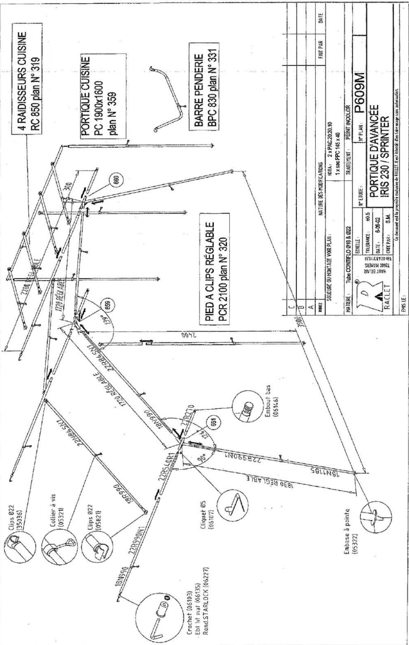 4 RAIDISSEURS CUISINE RC 850 plan N° 319 PORTIQUE CUISINE PC 1900x1600 plan N° 359 BARRE PENDERIE BPC 830 plan N° 331 PIED A CLIPS RÉGLABLE PCR 2100 plan N° 320 C B A RIOCE NATURE DES MODIFICATIONS FAIT PAR DATE SOUICURE OU MONTAGE VOIR PLAN : NOTA: 2 x PAC.20.20.10 1 x sac PPC 145 x 40 MATERIE : Tube CONTIFLO Ø18 & Ø22 TRATÉMENT : PEINT INCOLOR ENELLE : N° ETUDE : POUTIQUE D'AVANCÉE IRIS 230 / SPRINTER TOLERANCE : ±0.5 DATE : 6-08-02 CREE PAR : S.M. CO DEVOANT EN LA PROPRIÈRE EXCLUSIVE DE RACLET. À EL INTEND D'EN LAFRE USAGE SAUS AUTORIZATION. EMIS LE :